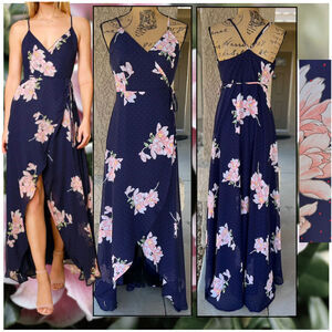 Lulu's Wrap Navy Blue Floral Print Polka Dot Loiselle Maxi Dress Size L